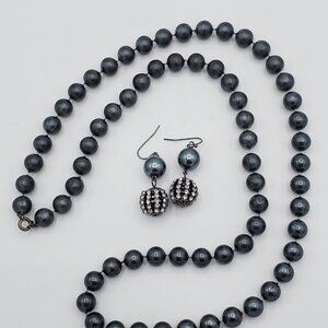 Faux Grey Pearl Necklace AND Statement Earring Costume Jewelry Set